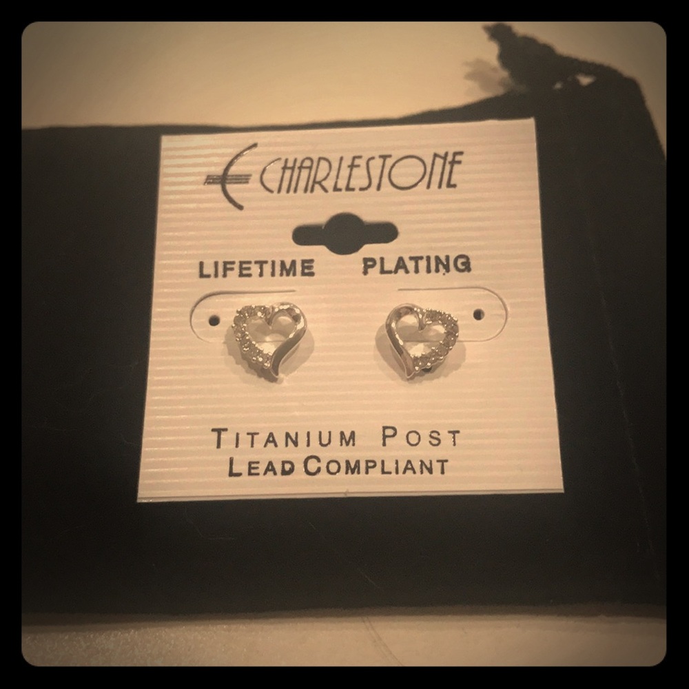 Small Silver Heart Earrings with Diamonds